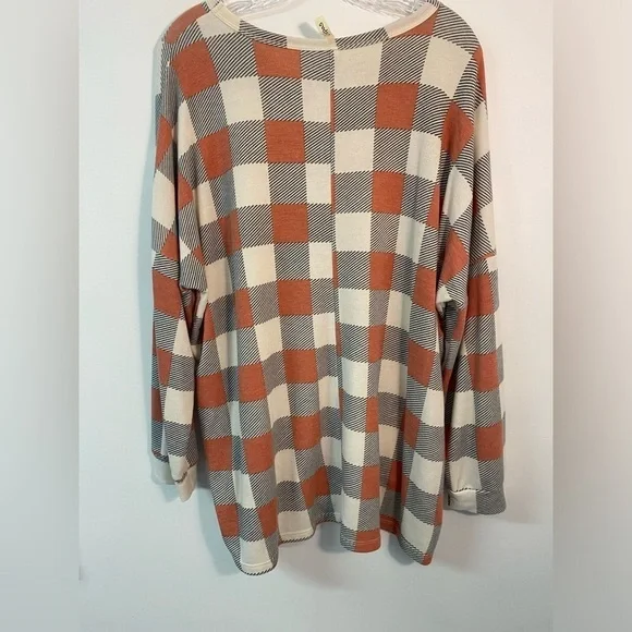 Oversized Boutique Plaid Women’s Pullover Long Sleeve Shirt Orange Gray Plus 1XL - Picture 5 of 7